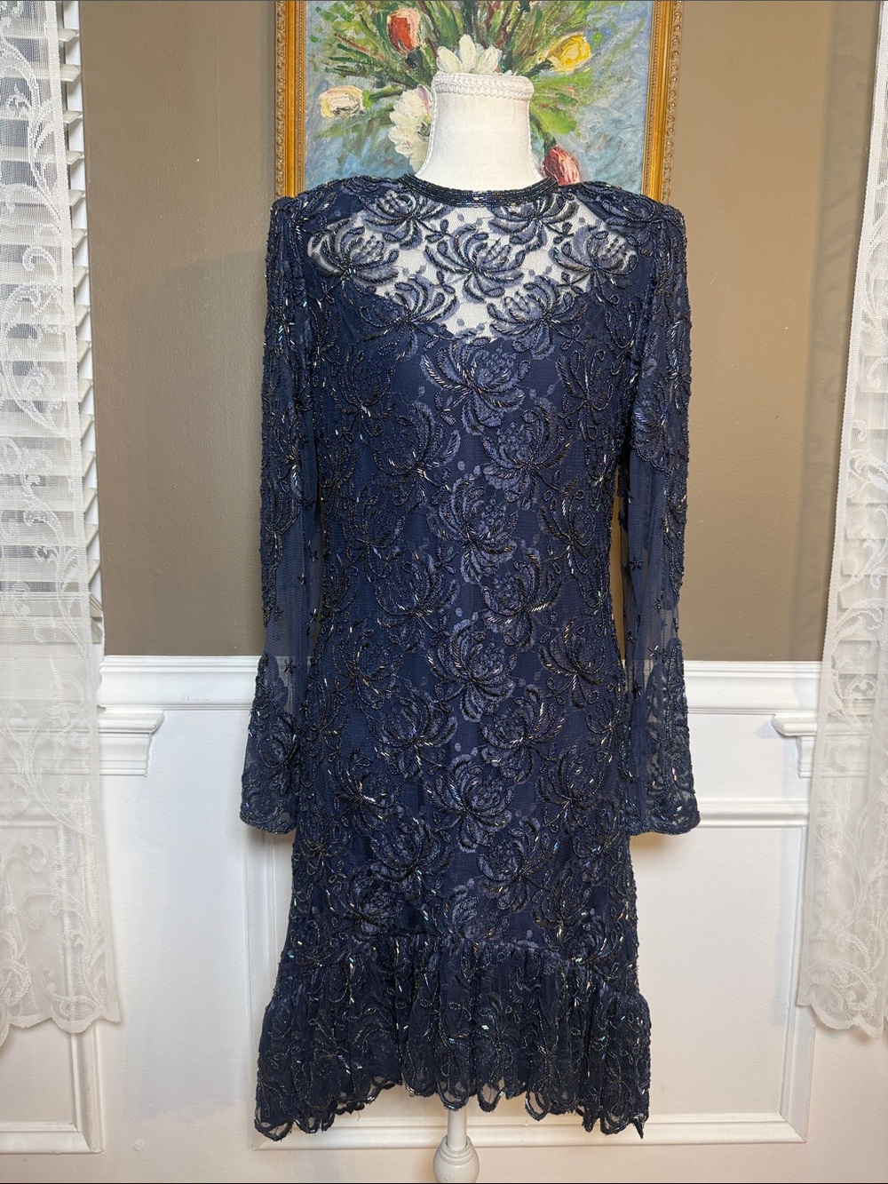 Vintage 80s Judith Ann Creations Beaded Lace Flapper Dress S Navy